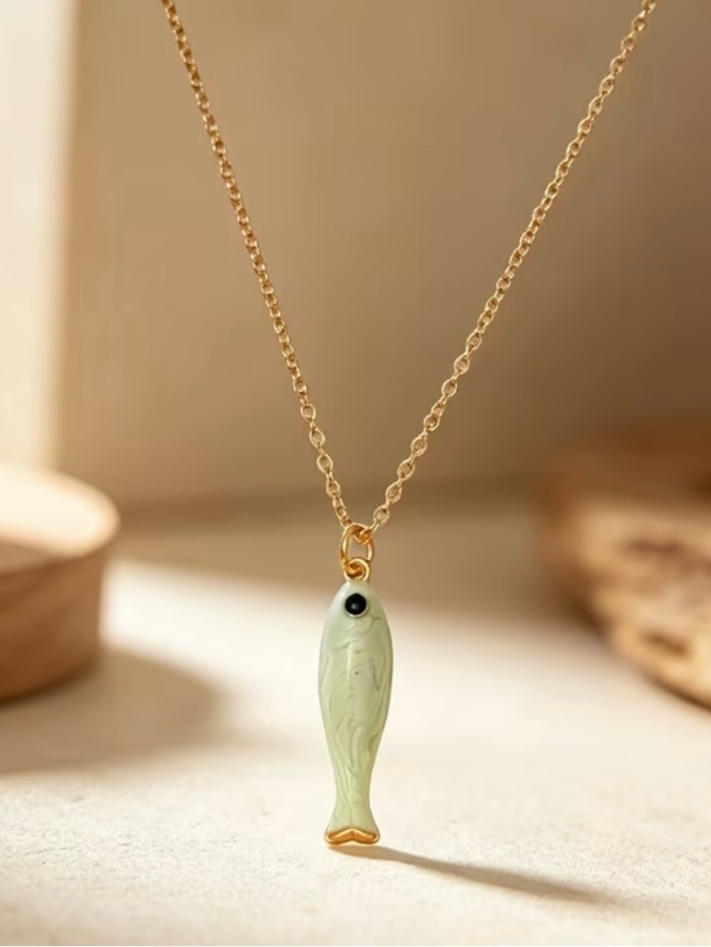 Gold Chain Necklace with Light Green Fish Pendant
